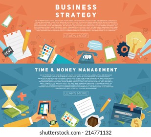 Set of Flat Style Designs. Business Concepts. Strategy and Management. Teamwork, Consulting, Planning, Brainstorming and Presentation Concepts Design. Marketing and Online Payments.