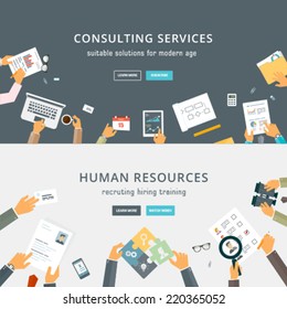 Set of Flat Style Designs. Business Concepts. Human Resources. Teamwork, Consulting, Planning, Brainstorming and Presentation Concepts Design. Marketing and Online Payments.