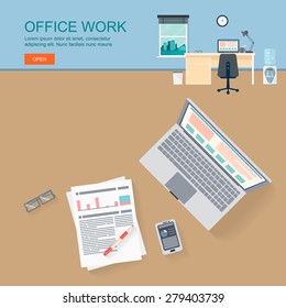 Set of Flat Style Designs. Business Concepts.  Business office horizontal banner, Office workplace tabel
