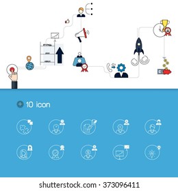 Set of Flat Style Designs. Business Concepts. Human Resources. Teamwork, Consulting, Planning, Brainstorming and Presentation Concepts Design. Marketing and Online Payments. + 10 icon.