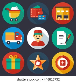 Set of flat style e-commerce icons. Vector illustration. Perfect for web-design. 