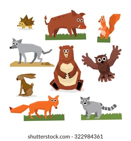 Set of flat style edgy wild forest animals vector illustration