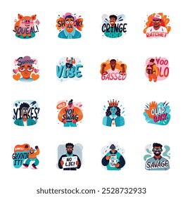 Set of Flat Style Emotion and Expression Stickers 

