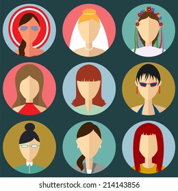 Set of flat style female characters. Flat vector icons