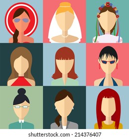 Set of flat style female characters. Flat vector icons