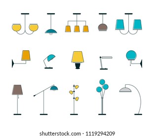 set in a flat style of fifteen items of floor lamps, 
chandeliers, table lamps