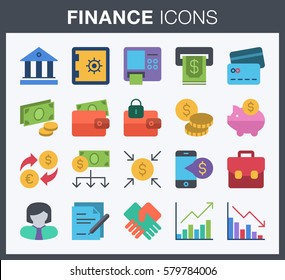 Set of flat style finance and banking icons. 