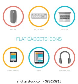 Set of flat style gadgets icons for web design or infographics use, color icons in circles with stroke, vector illustration