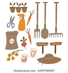 Set of flat style gardening tools and equipment