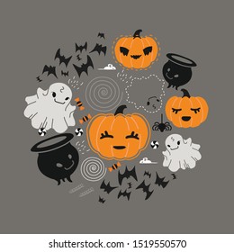 Set of flat style Halloween items, pumpkin, witch cauldron, spider web, spider, ghost, flock of bats, mouse, candy, for stickers, promotional items or holiday decor.