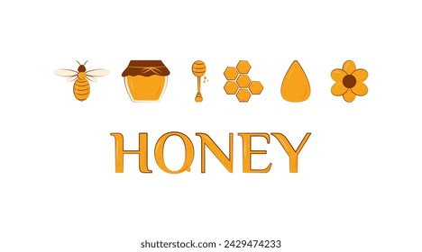 Set in flat style, honeycomb, bees, honey dipper, honey drop. The concept of beekeeping, farming, eco-products, healthy, natural nutrition. Vector eps 10, on a white background, for print and web.
