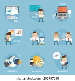 Set of Flat Style Icons for Business Design. Office Workers, Managers and Developers. Advanced Technology and Remote Management Icons. Office Items. World Globe. Financial Analysis and Statistics.