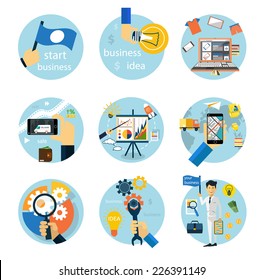 Set of flat style icons for business strategy, development, startup, e-commerce, logistics on white background