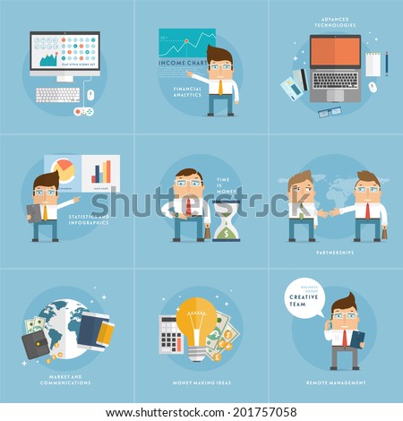 Set of Flat Style Icons for Business Design. Office Workers, Managers and Developers. Advanced Technology and Remote Management Icons. Office Items. World Globe. Financial Analysis and Statistics.