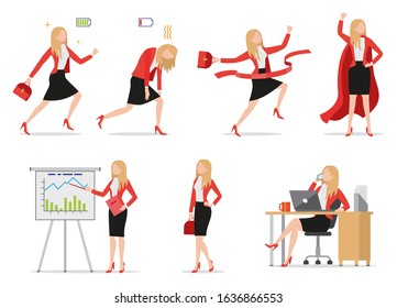 Set of flat style icons businesswoman in different situations, green and red battery signs, busy female talking on phone, presenting financial report, superwoman wearing cloak, vector illustration