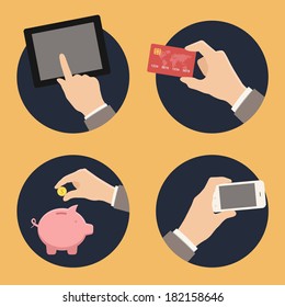 set of flat style icons. hand pointing tablet, hand holding and giving bank card, hand saving money in piggy bank, hand holding smart phone