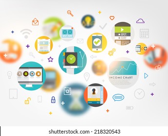 Set of Flat Style Icons. Mobile Phones, Tablet PC and Communication Technologies, Idea Concept with Lamp, Time is Money Icons. Money Management and Online Marketing 