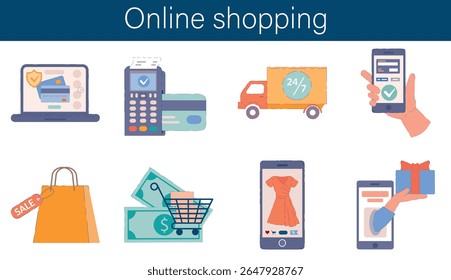 Set of flat style icons for online shopping including laptop payment card delivery smartphone gift cart money and sale. Useful for web apps banners ecommerce and digital marketing projects. Vector