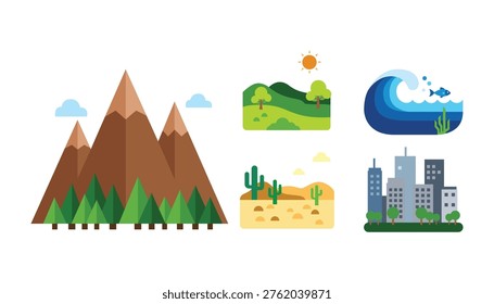 A set of flat style icons representing diverse landscapes, including mountains, hills, desert, ocean, and city. Perfect for web design, infographics, and presentations.