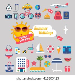 set of flat style icons for summer holidays