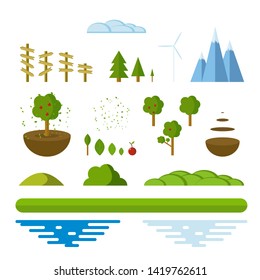 Set of flat style icons. For use in design on the theme of clean energy, ecology, clean air.