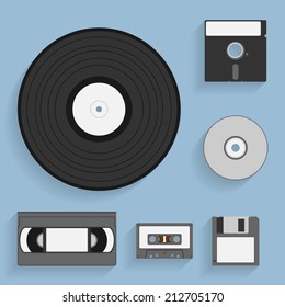 set of flat style icons of vintage data carriers