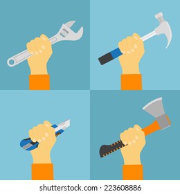 set of flat style illustrations of human hand holding tools