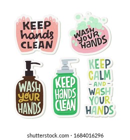 Set of flat style illustrations and inscriptions for prevention of COVID-19. Hygiene promotion stickers. Wash your hands, keep hand clean phrases for social media, blog, poster, card, news.