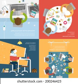 Set of Flat Style Illustrations: Office Worker, Business Meeting and Brainstorming, Product Presentation, Development for Business Design.