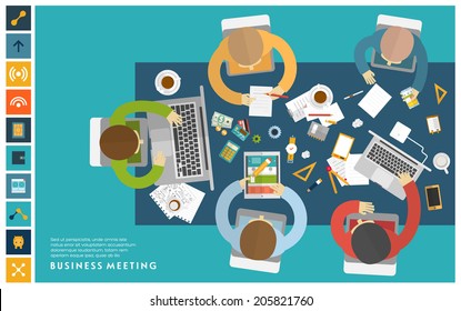 Set of Flat Style Illustrations: Office Worker, Business Meeting and Brainstorming, Product Presentation, Development for Business Design.