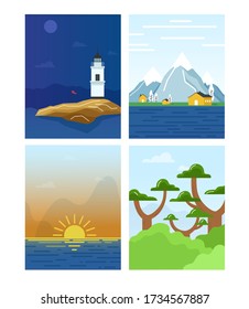 Conjunto de diseños de paisajes de estilo plano, postales de paisajes vectoriales, afiche - montañas, faro, lago, puesta de sol y bosque.