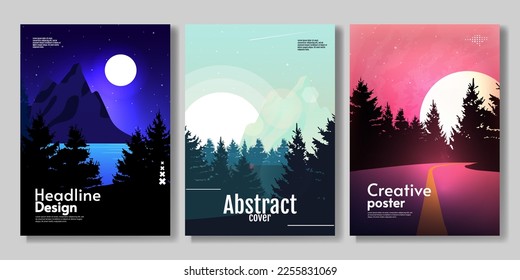 Set of flat style landscape. Vector illustration. Sunset or sunrise. Forest with road. Design for cover, poster, banner, postcard, flyer.