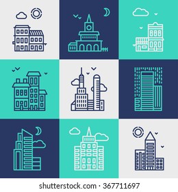 Set of Flat Style Line Art Vector Illustrations for Modern Buildings and Skyscrapers