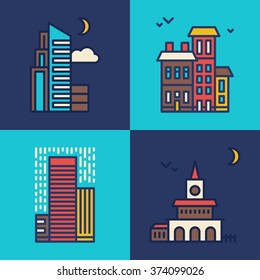 Set of Flat Style Line Art Vector Illustrations for Modern Buildings and Skyscrapers