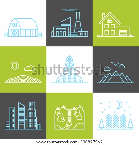 Set of Flat Style Line Art Vector Illustrations for Different Landscapes, City and Rural Buildings, Mountains and Trees