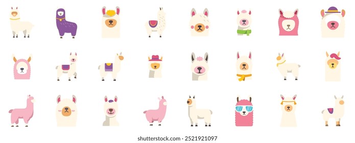 Set of flat style llamas and alpacas wearing accessories and smiling isolated on white background