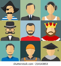 Set of flat style male characters. Flat vector icons