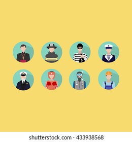 Set of flat style man profession icons. Priest, sailor, firefighter, builder, boxer, bank robber, ship captain, diving instructor. Vector illustration.