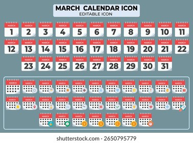 Set of flat style march calendar icons for event planning and scheduling activities or reminders