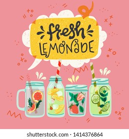 Conjunto de tarros de albañilería de estilo plano con refrescos y inscripciones grabadas a mano Lemonade en burbujas de habla. Bebidas refrescantes con fresa, limón, lima, menta, cubos de hielo y agua. Vector