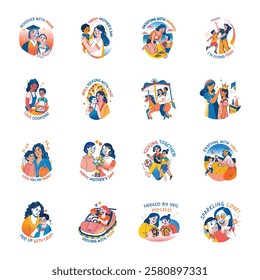 Set of Flat Style Mom and Child Stickers 

