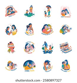 Set of Flat Style Mother Day Celebration Stickers 
