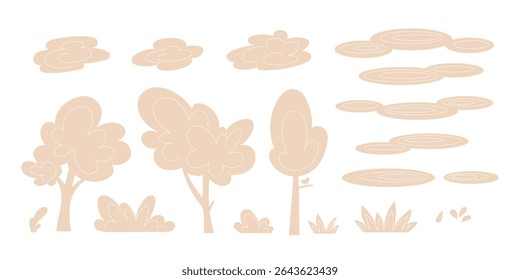 Set of Flat Style Nature Elements for Autumn Backgrounds Trees Bushes Grass Clouds Puddles and Raindrops