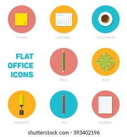 Set of flat style office color icons, office items on solid circles, vector illustration for web design or infographics