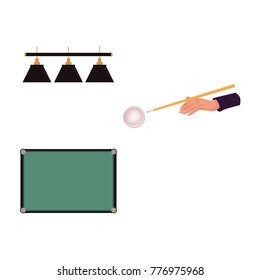 Set of flat style pool, billiard objects - top view table, hand aiming cue at ball, lamps, vector illustration isolated on white background. Vector set of pool, billiard game objects