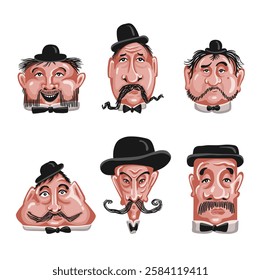 set of flat style portraits, old fashioned stylish men in hat with mustache retro vector