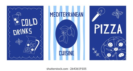Set of Flat Style Posters with Mediterranean Food and Drinks for Summer Menu Design Featuring Pizza and Cold Beverages