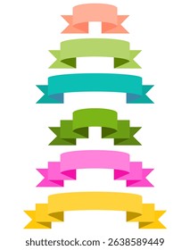 Set of flat style ribbon banners in vibrant colors and various shapes, perfect for labels, headers, badges, tags, or decorative text highlights.