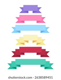 Set of flat style ribbon banners in vibrant colors and various shapes, perfect for labels, headers, badges, tags, or decorative text highlights.