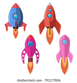 Set of flat style rocket illustrations isolated on white background. Design element for banner, emblem, motion design. Vector illustration